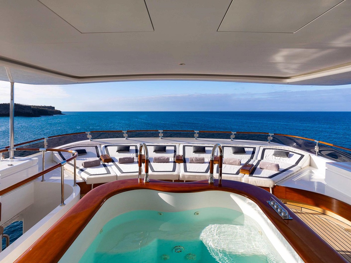 Ocean views from the Jacuzzi onboard the Aqua Mare luxury expedition cruiser in the Galapagos Islands