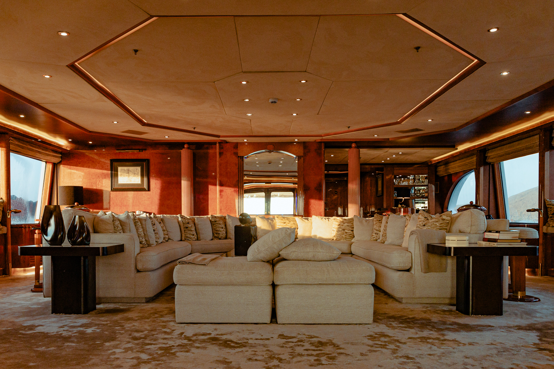 Panoramic lounge onboard the Aqua Mare luxury expedition cruiser in the Galapagos Islands