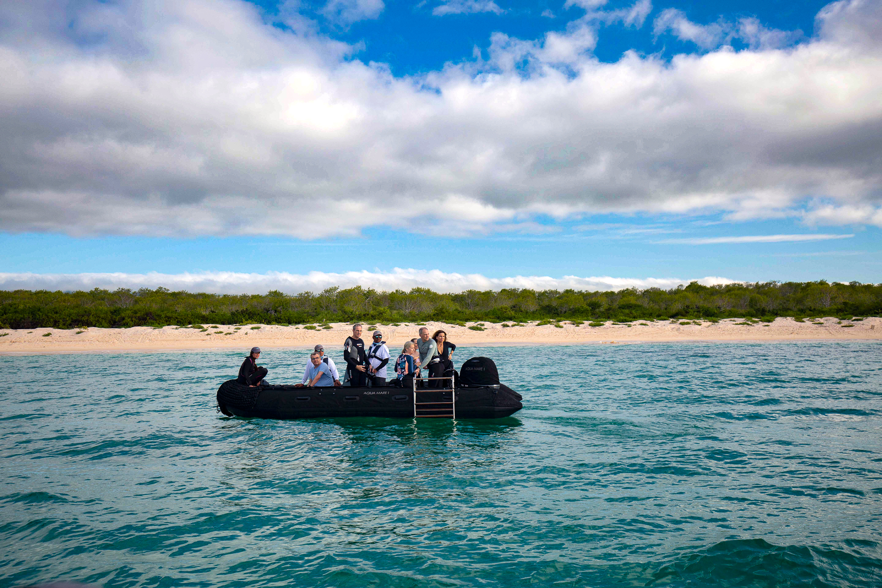 Guests on a zodiac tour from the Aqua Mare luxury expedition cruiser in the Galapagos Islands