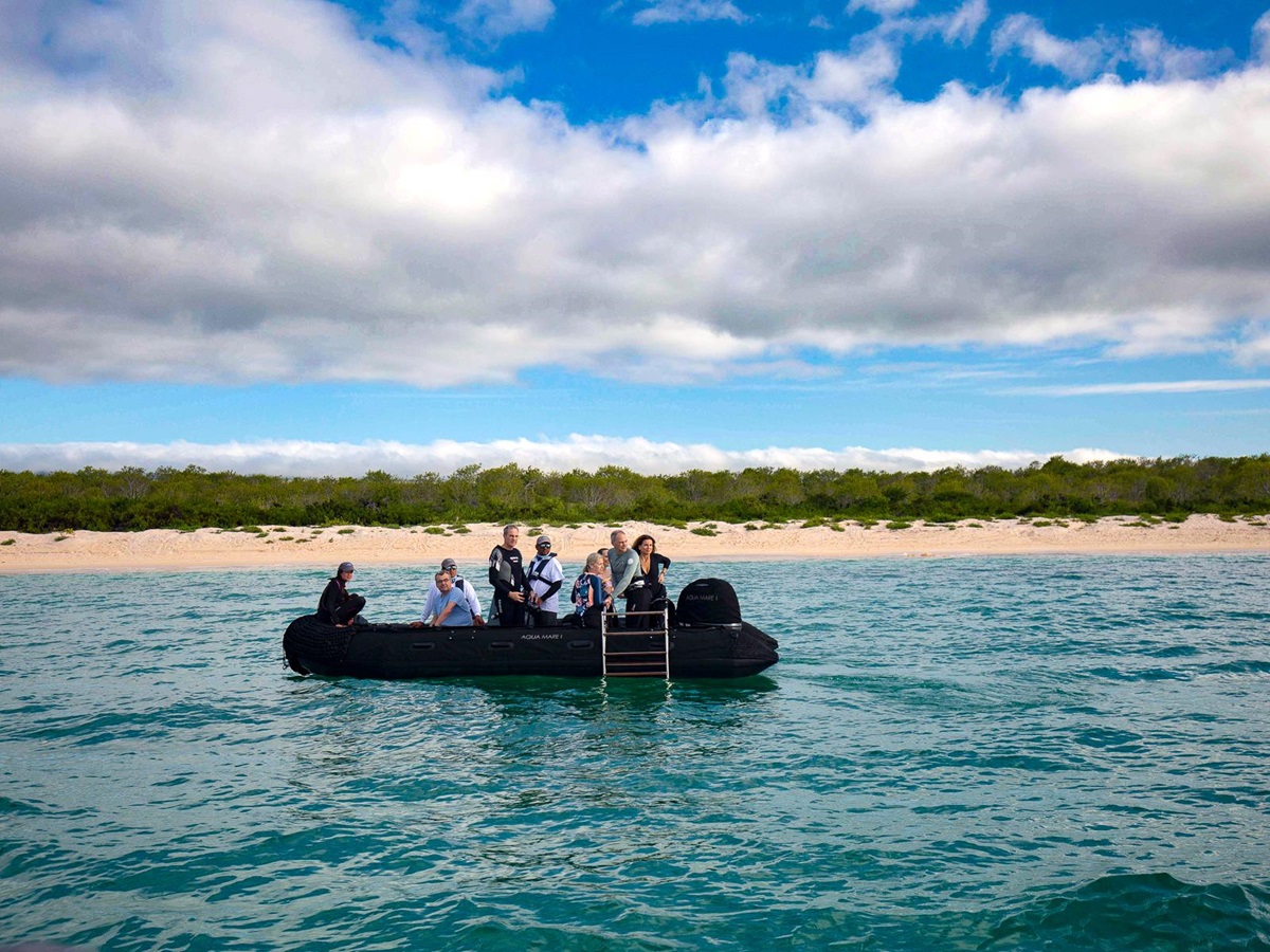 Guests on a zodiac tour from the Aqua Mare luxury expedition cruiser in the Galapagos Islands