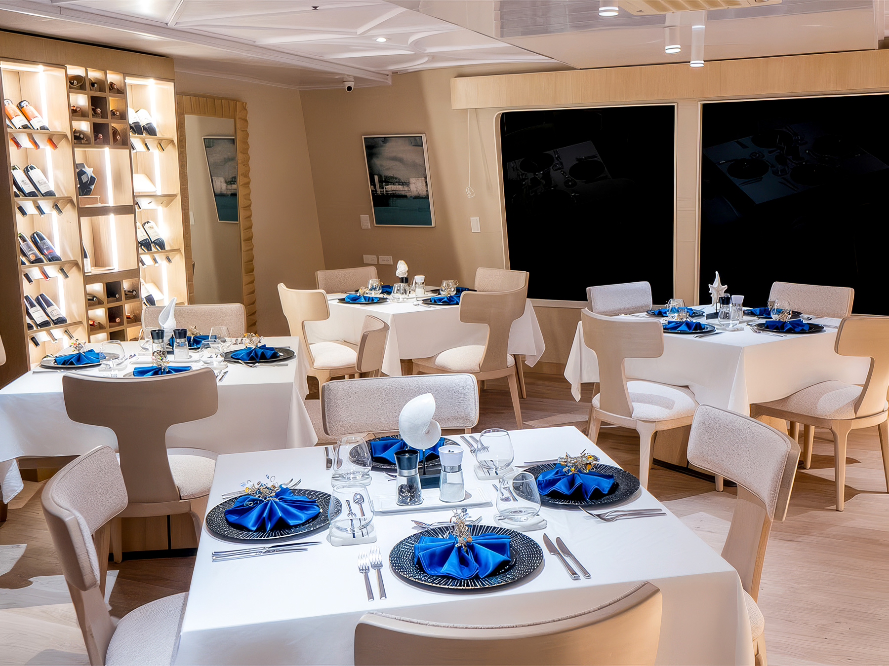 Dining area on Endemic luxury cruiser in the Galapagos