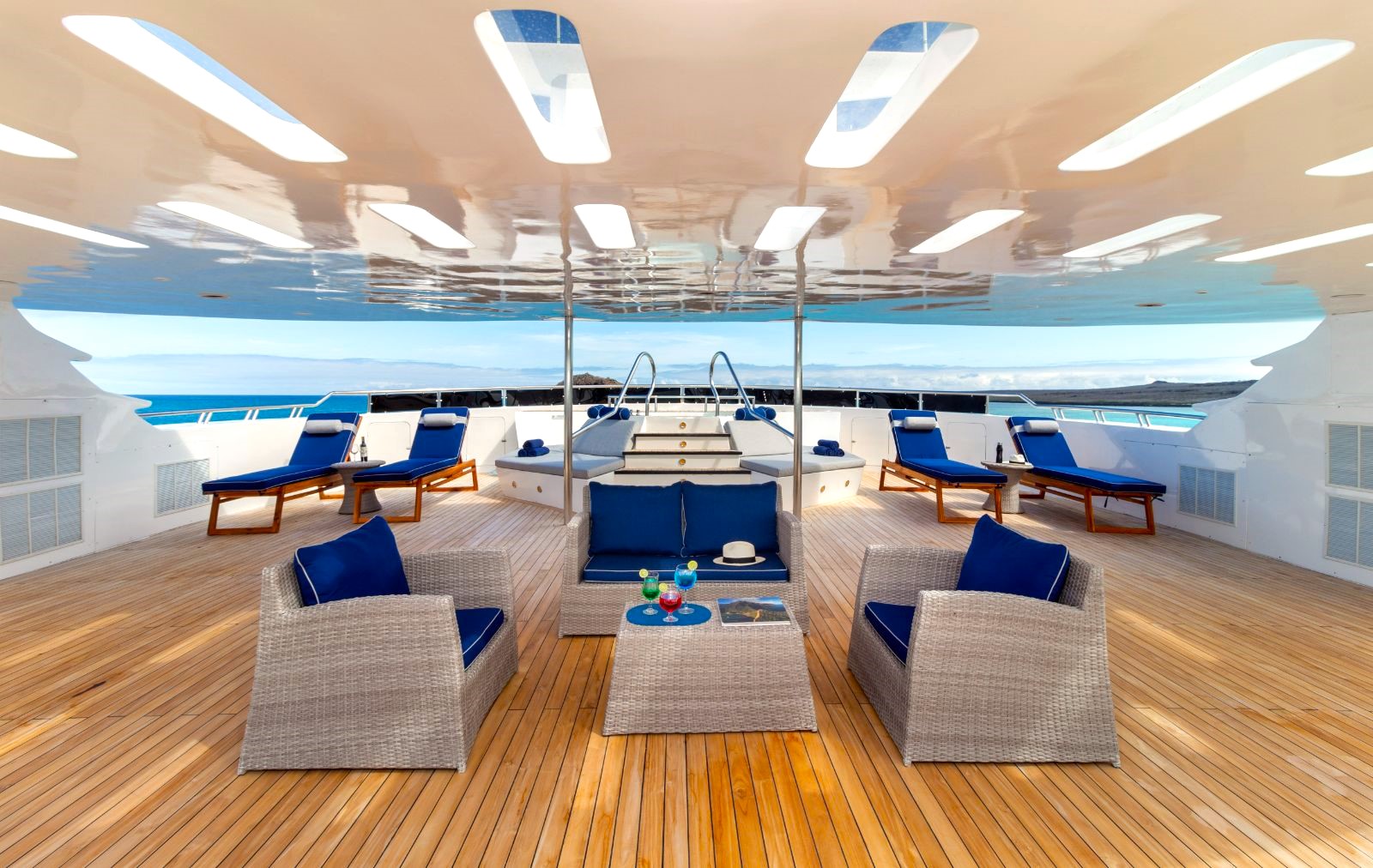 Upper deck seating onboard the Galapagos Horizon yacht in Ecuador