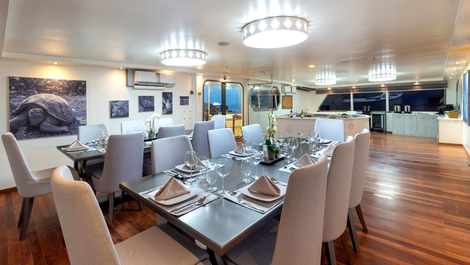 Dining room onboard the Galapagos Horizon yacht in Ecuador