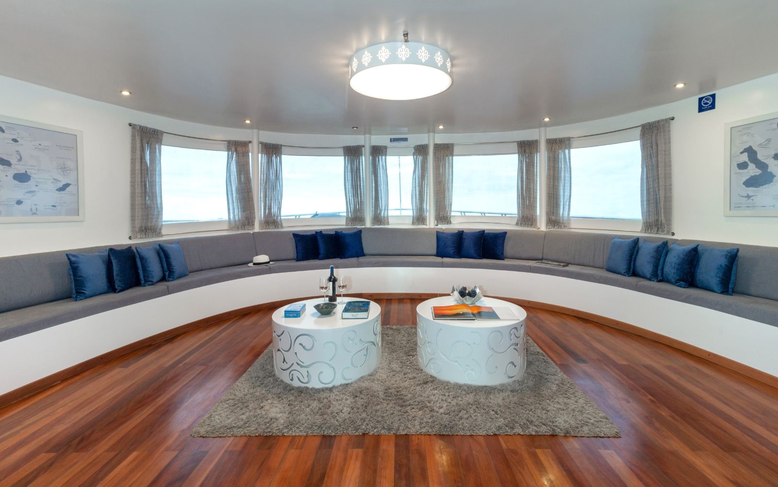Lounge sofas onboard the Galapagos Horizon yacht in Ecuador