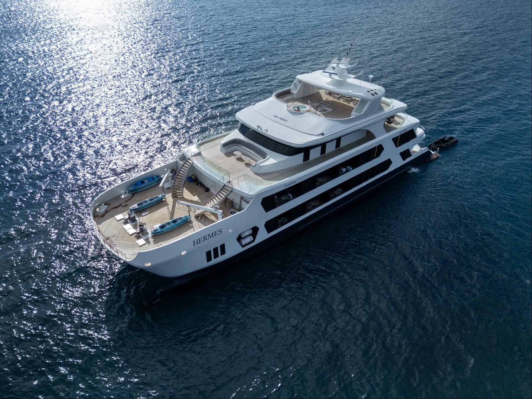 Aerial view of the Hermes Galapagos luxury catamaran at sea