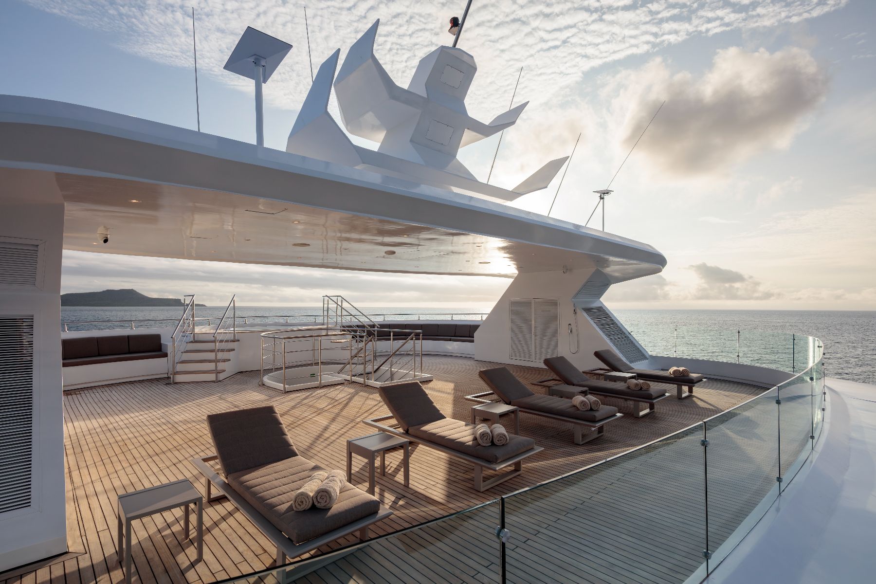 Sun terrace on the panoramic deck of the Hermes Galapagos luxury catamaran