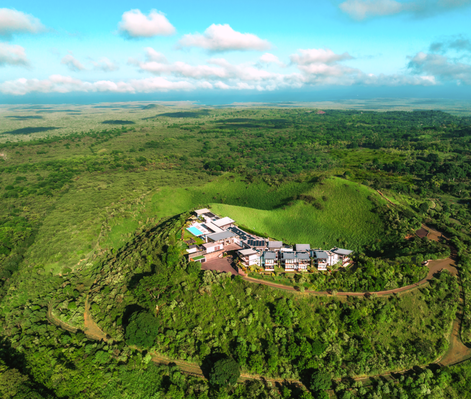 Aerial view of the hotel and grounds at Pikaia Lodge on the Galapagos Islands of Ecuador