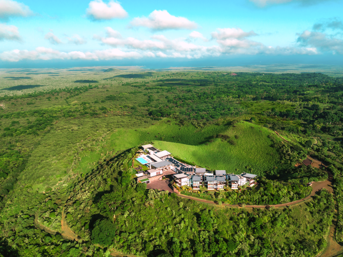 Aerial view of the hotel and grounds at Pikaia Lodge on the Galapagos Islands of Ecuador