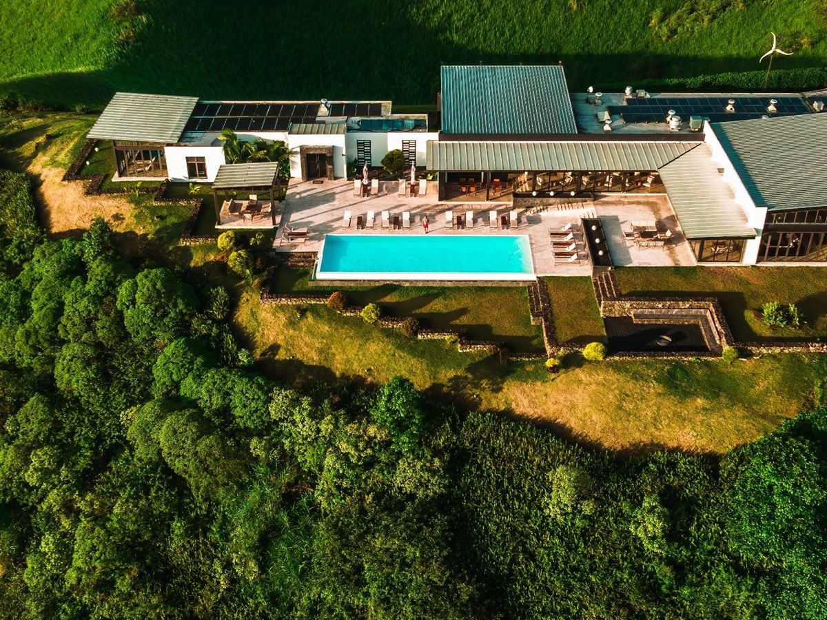 Bird's eye angle of Pikaia Lodge pool and guest suites on the Galapagos Islands of Ecuador