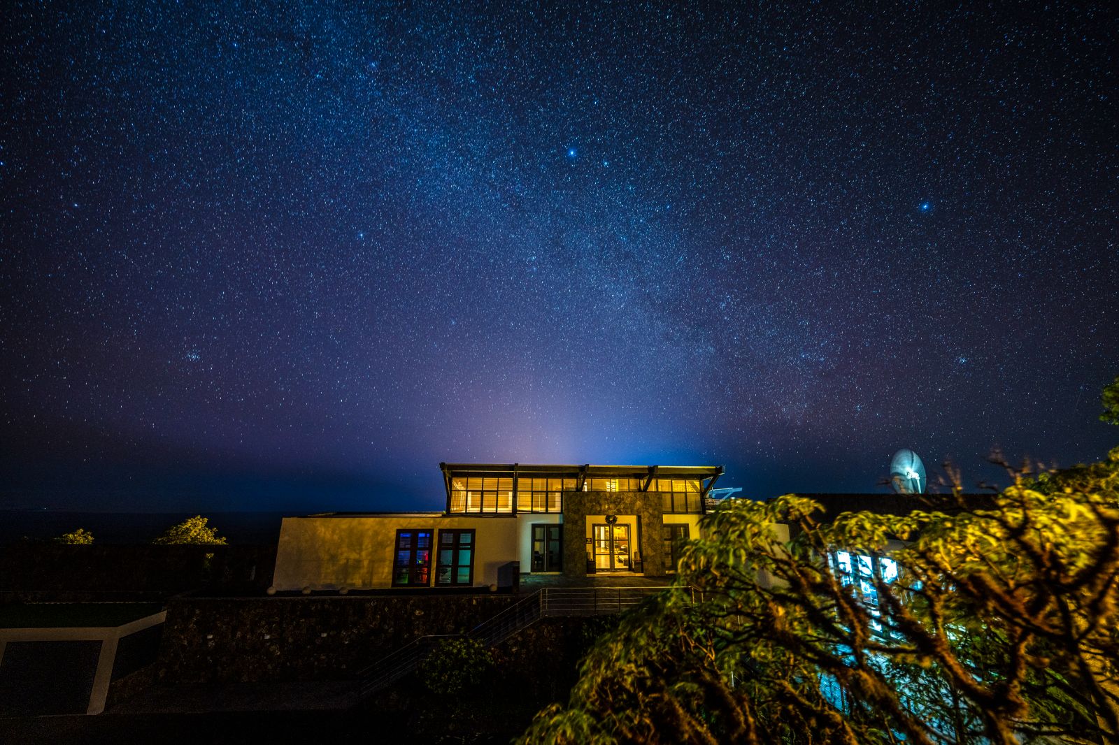 Exterior of Pikaia Lodge at night time on the Galapagos Islands of Ecuador