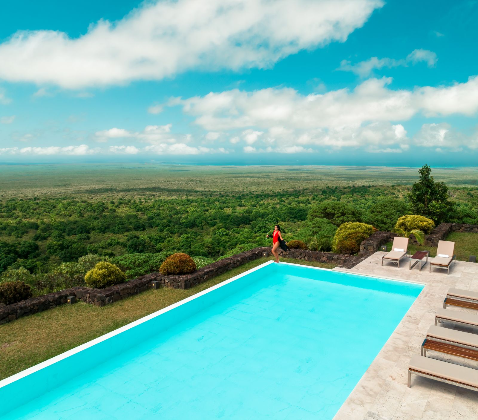 Aerial view of the pool at Pikaia Lodge on the Galapagos Islands of Ecuador