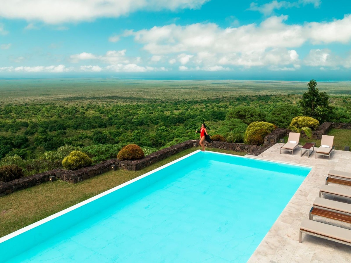 Aerial view of the pool at Pikaia Lodge on the Galapagos Islands of Ecuador