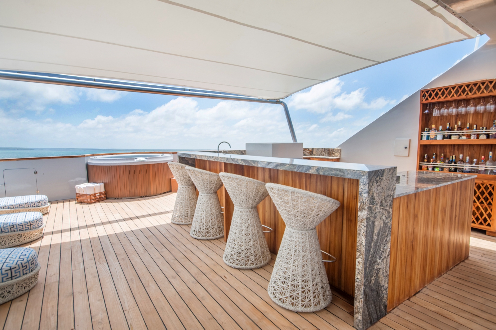 Sundeck and bar on board Theory in the Galapagos
