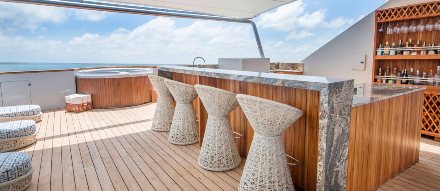Sundeck and bar on board Theory in the Galapagos