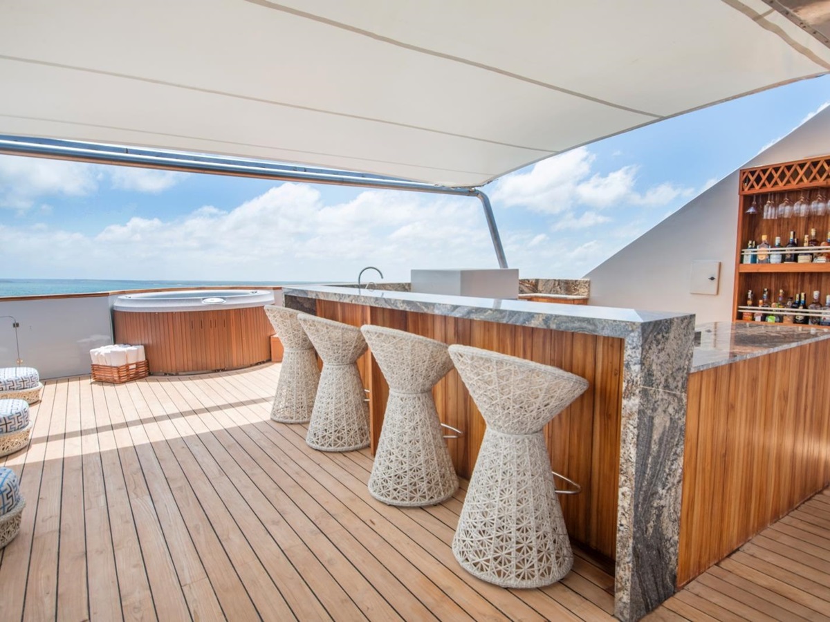 Sundeck and bar on board Theory in the Galapagos