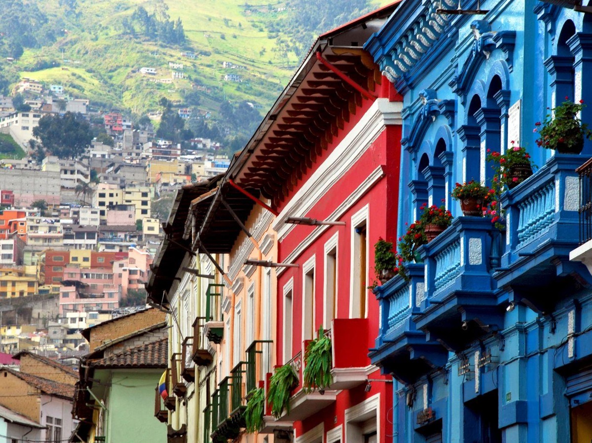 Colourful houses on a historic street in the colonial centre of Quito in Ecuador