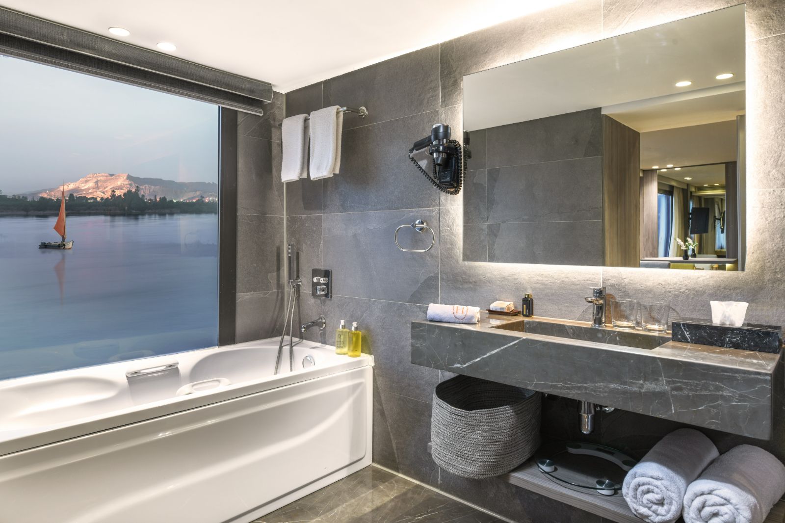 Guest bathroom onboard the Historia boutique Nile cruise hotel in Egypt