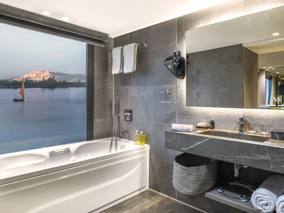 Guest bathroom onboard the Historia boutique Nile cruise hotel in Egypt