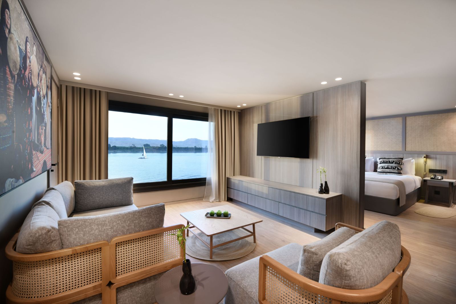 Guest lounge onboard the Historia boutique Nile cruise hotel in Egypt
