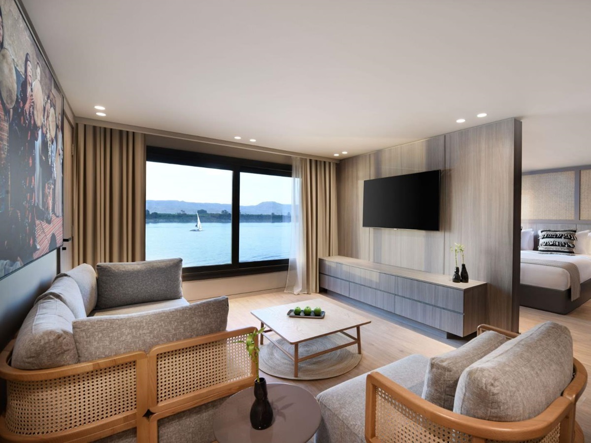 Guest lounge onboard the Historia boutique Nile cruise hotel in Egypt