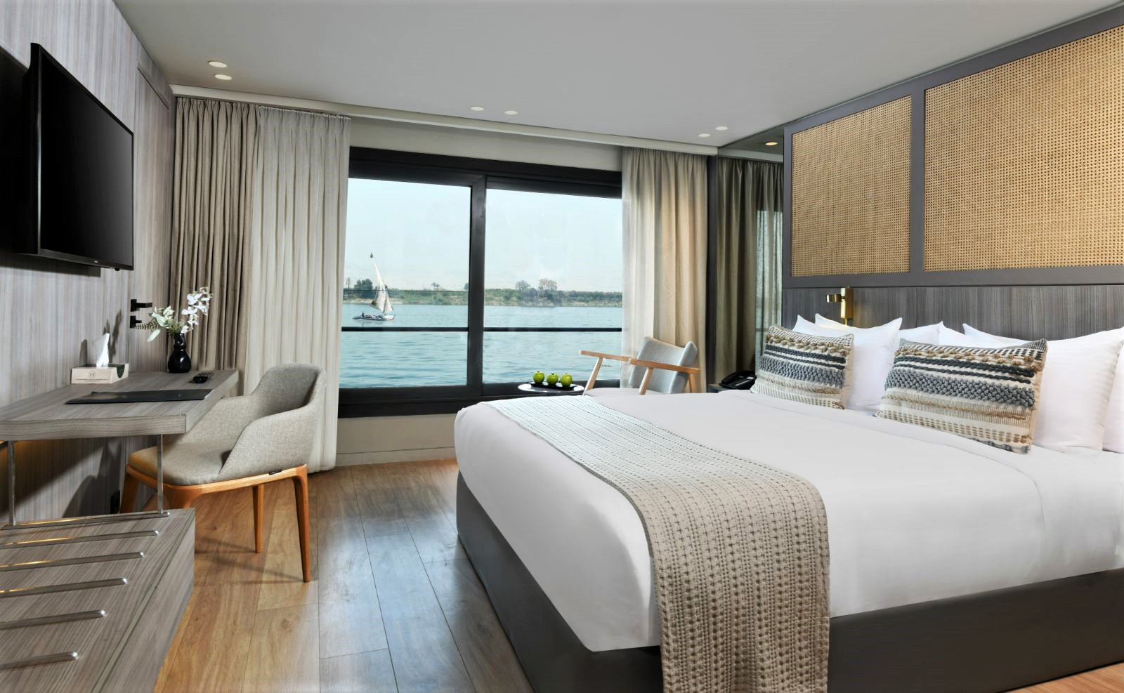 Guest suite onboard the Historia boutique Nile cruise hotel in Egypt
