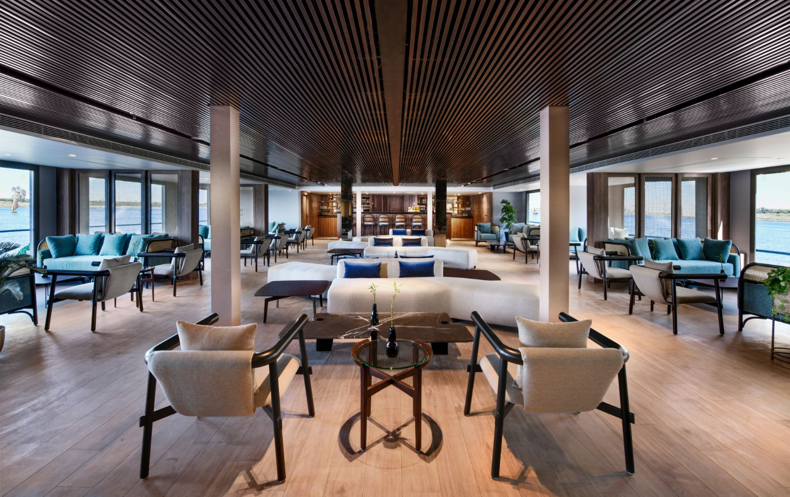 Lobby seating onboard the Historia boutique Nile cruise hotel in Egypt