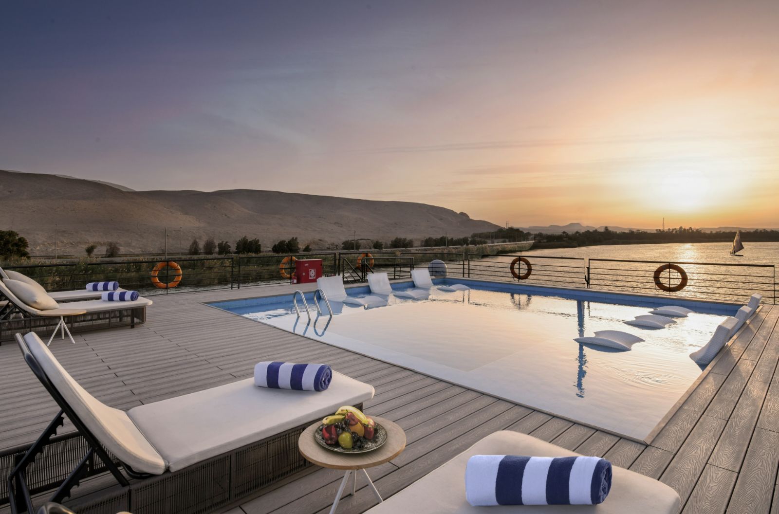 Plunge pool at sunset onboard the Historia boutique Nile cruise hotel in Egypt