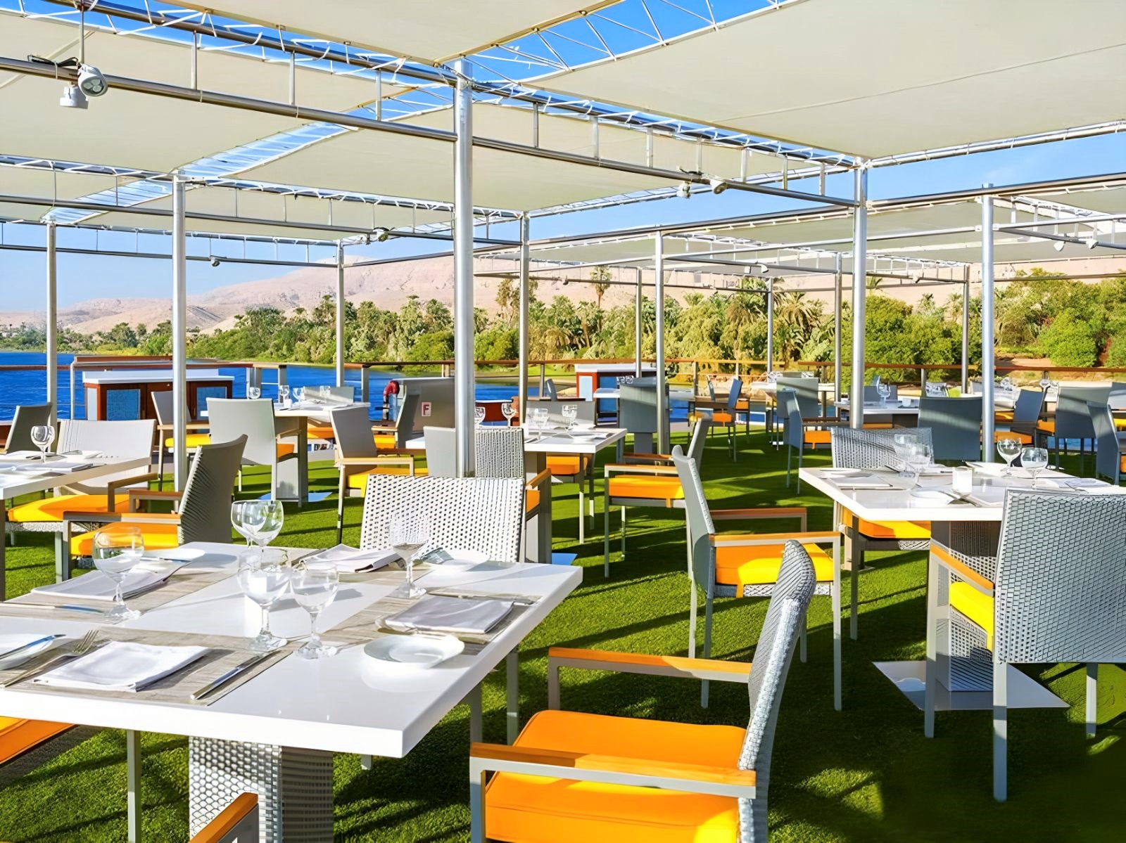 Sun deck dining onboard the Oberoi Philae on the River Nile in Egypt