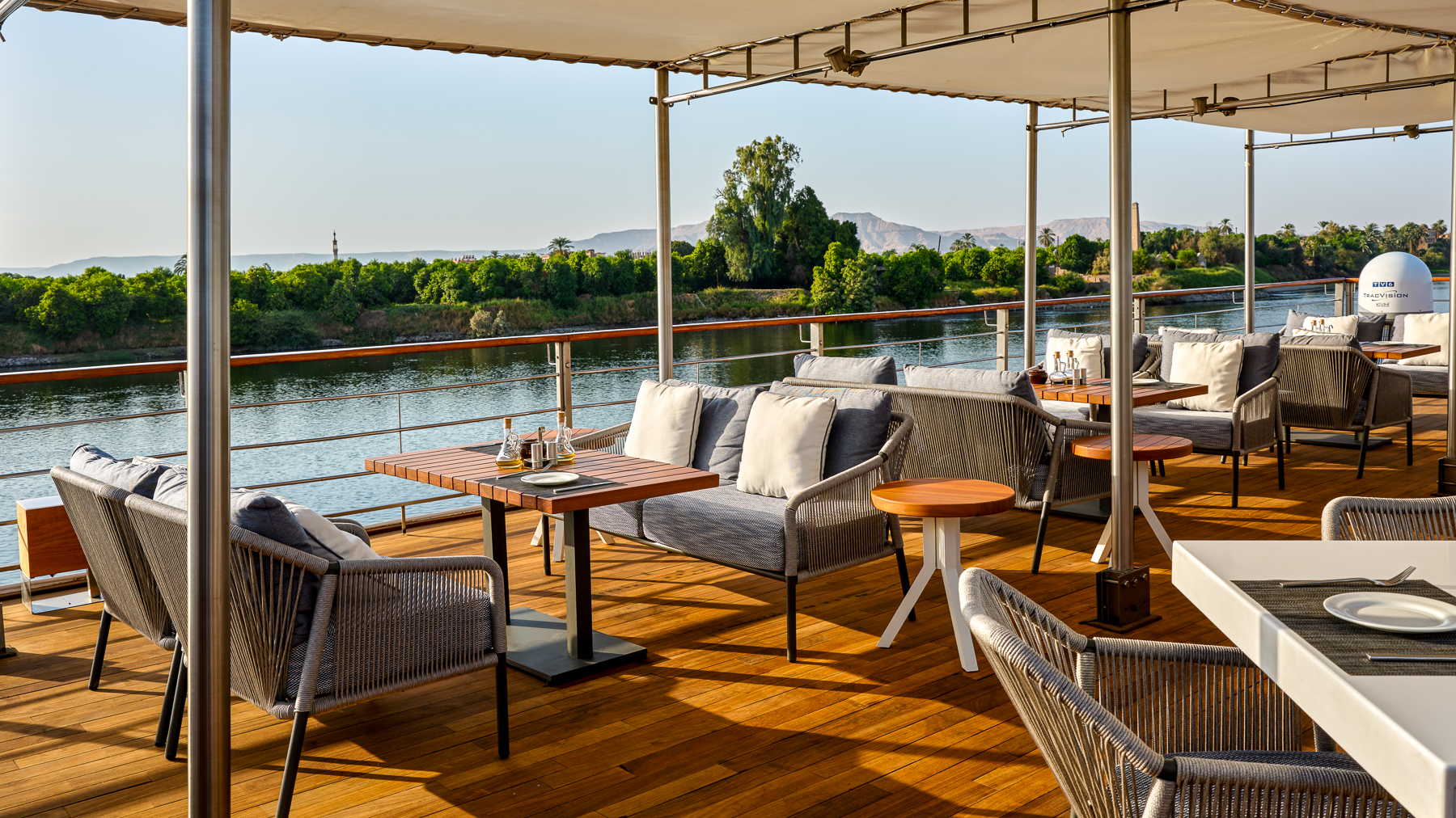 Lounging deck on the Oberoi Zahra luxury Nile River cruiser