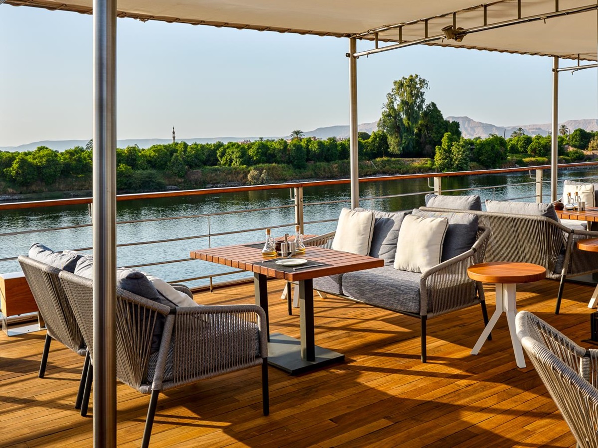 Lounging deck on the Oberoi Zahra luxury Nile River cruiser