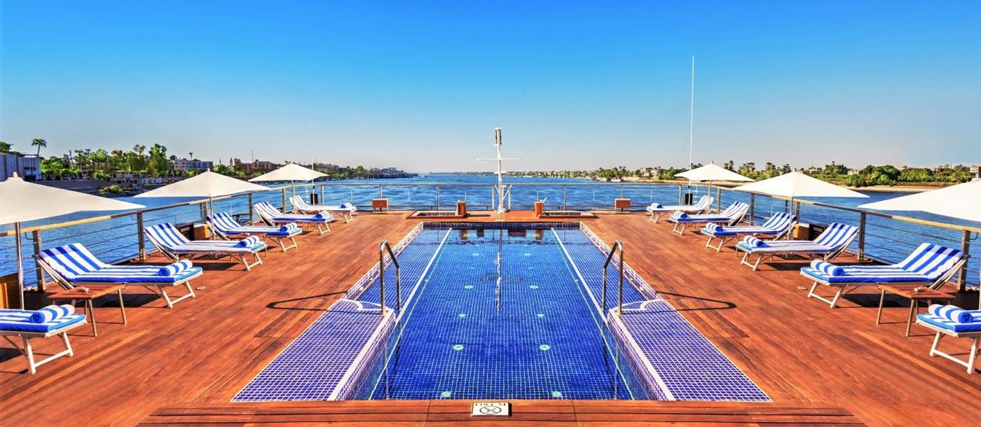 Swimming pool onboard the the Oberoi Zahra on the Nile in Egypt