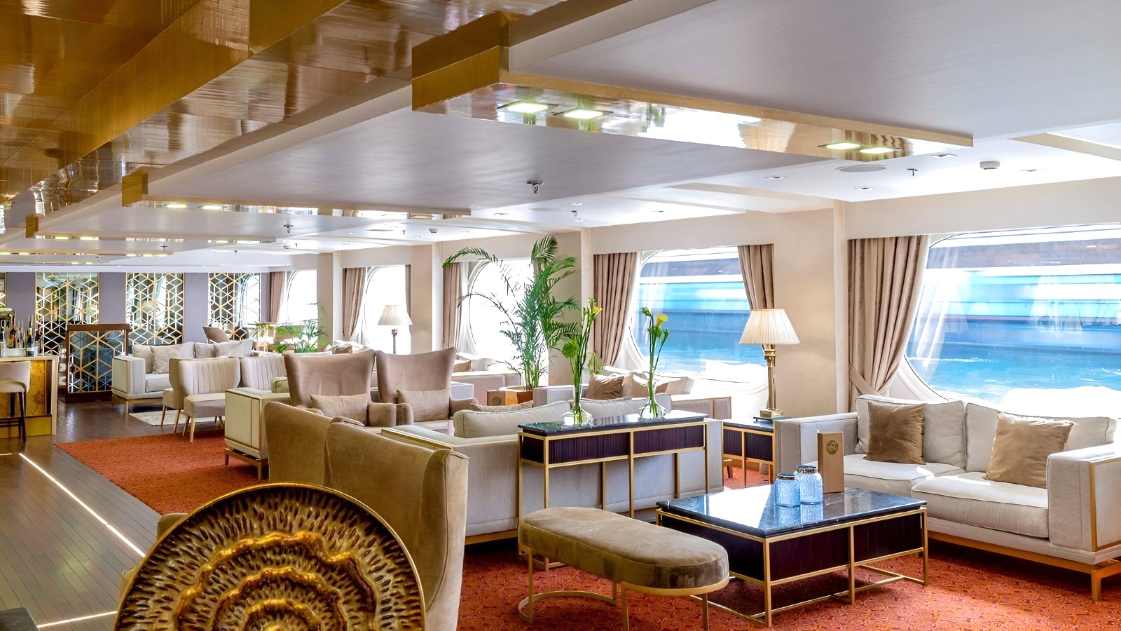 Bar and lounge with views onboard Sonesta Sun Goddess Nile cruise in Egypt