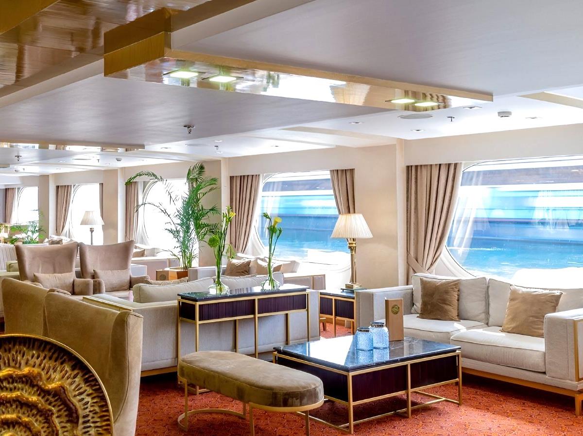 Bar and lounge with views onboard Sonesta Sun Goddess Nile cruise in Egypt