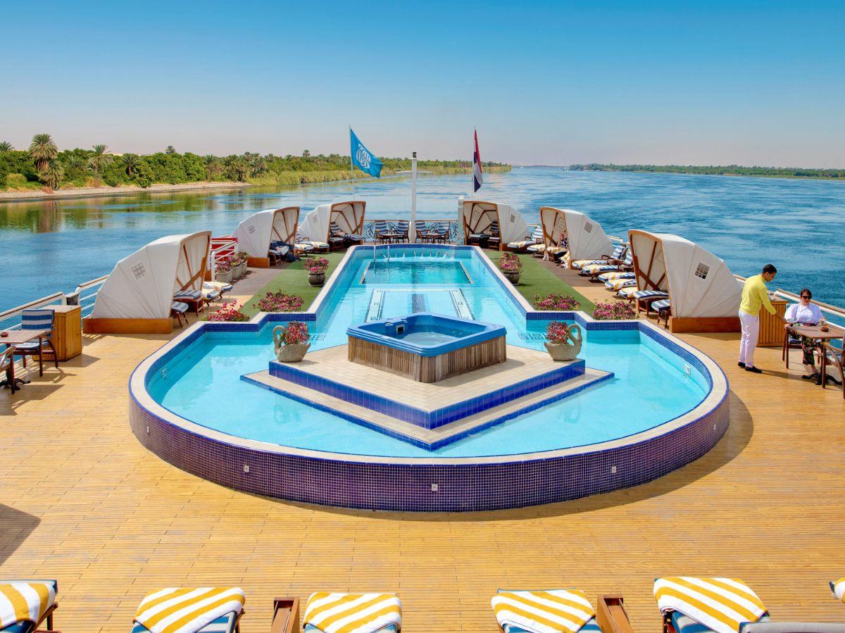 Pool and sun deck onboard the Sonesta St George I Nile Cruise in Egypt