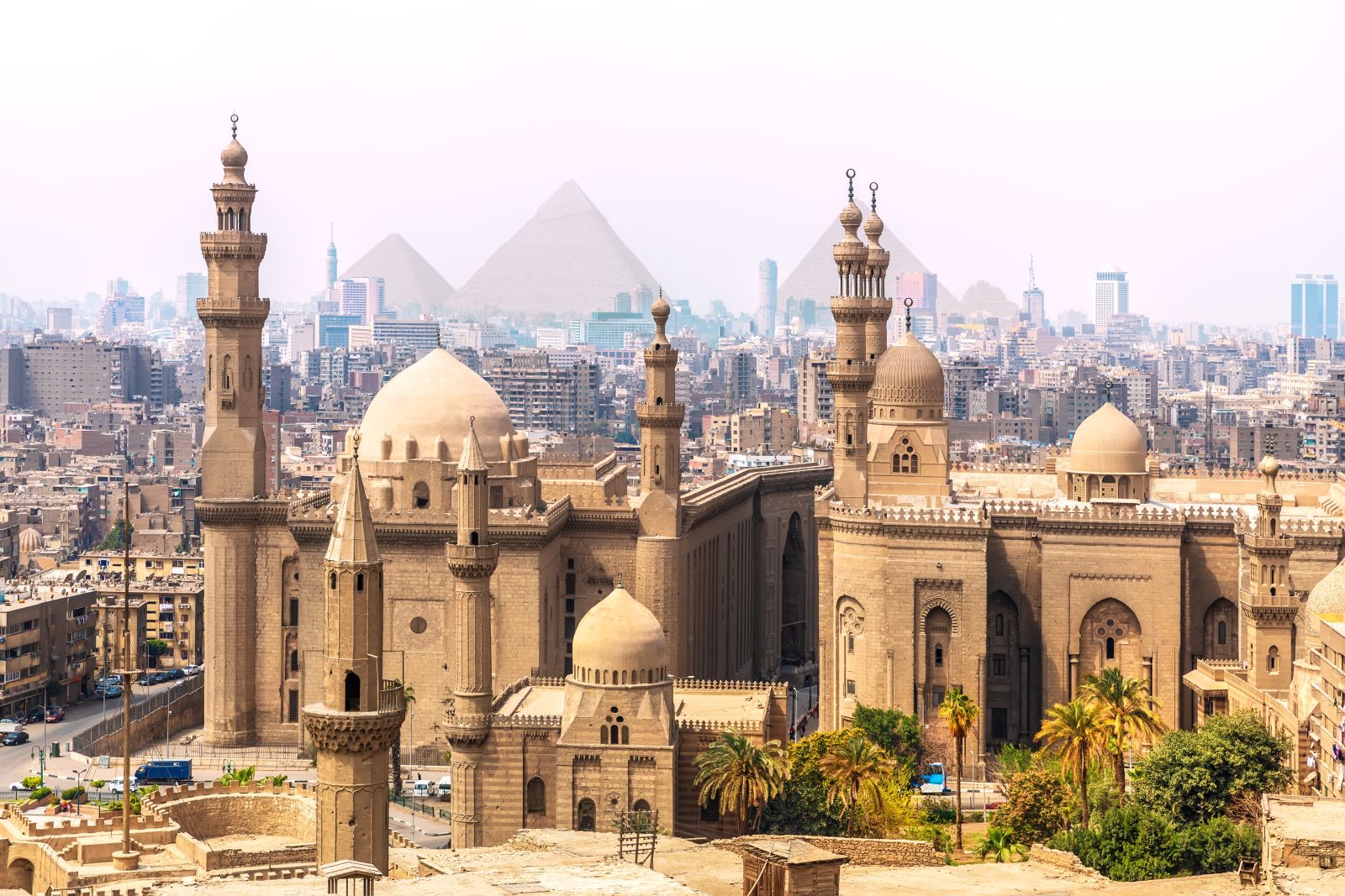 View of Cairo cityscape and Sultan Hassan Mosque