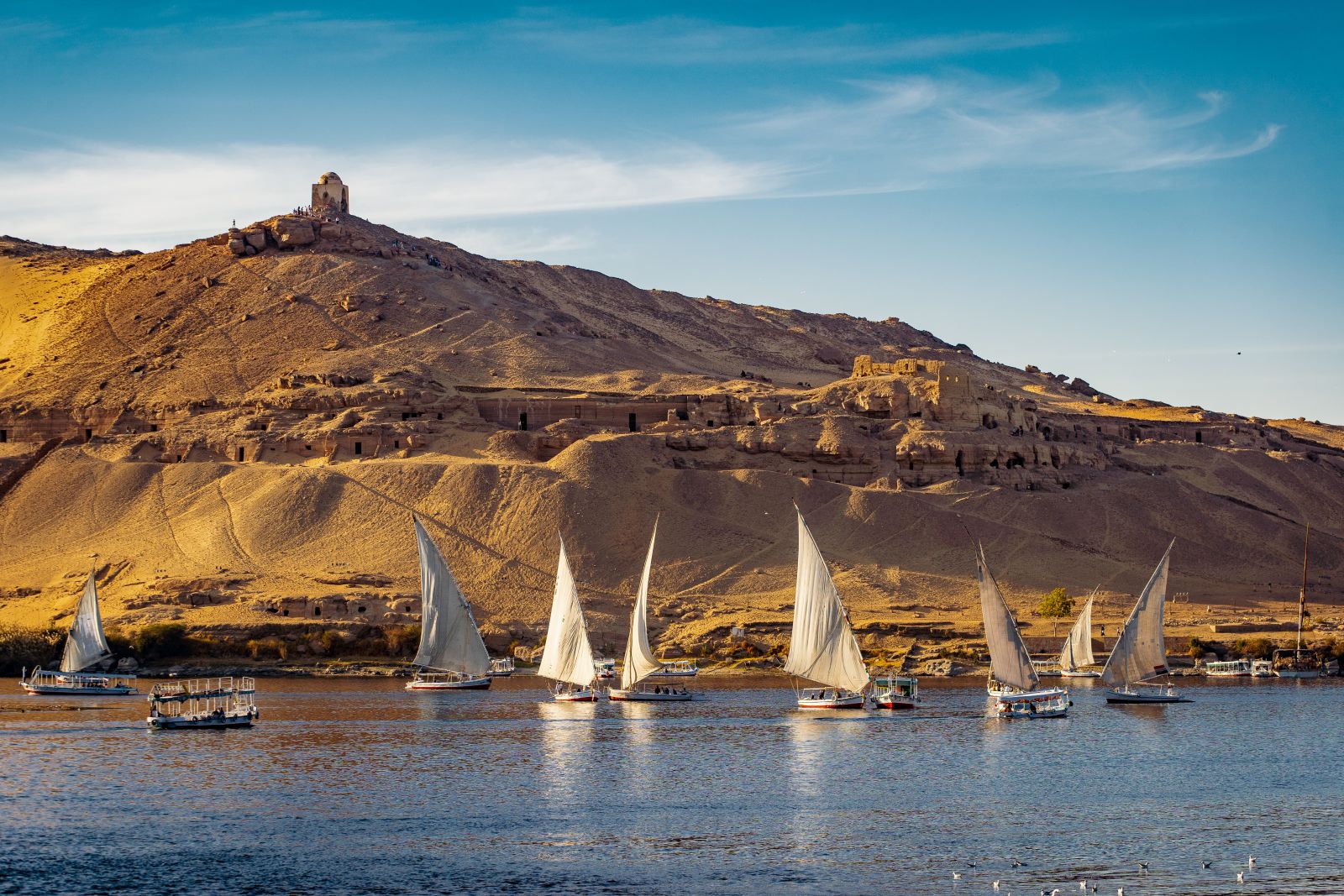 Traditional felucca ships on the River Nile in Egypt