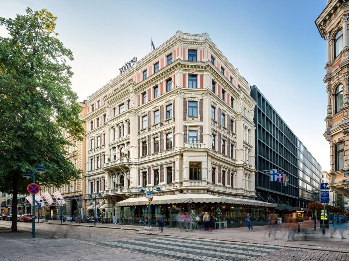 Exterior corner view of Hotel Kamp in Helsinki Finland