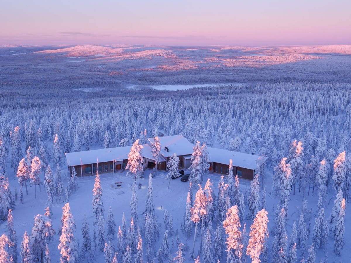 Aerial view of Octola private wilderness lodge in Lapland Finland