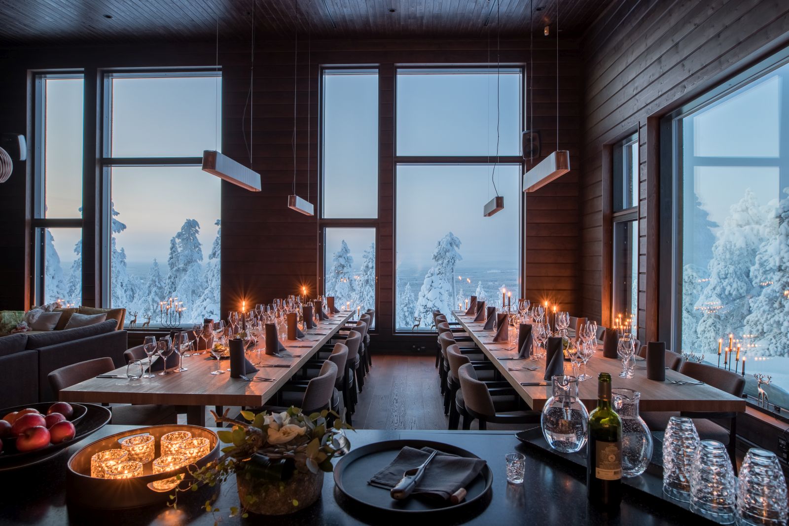 Restaurant and views from Octola wilderness lodge in Finland