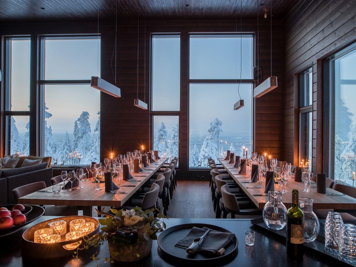 Restaurant and views from Octola wilderness lodge in Finland