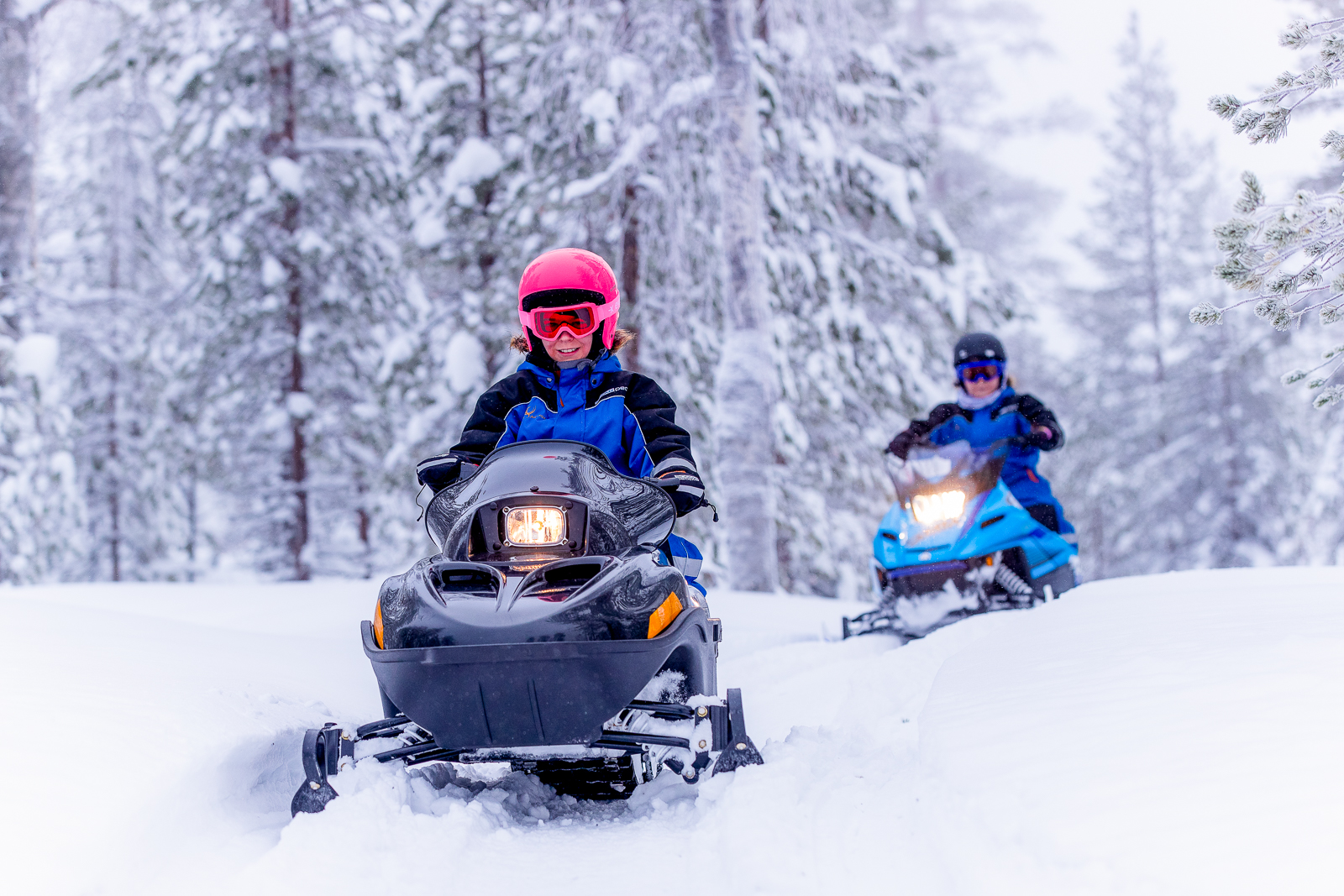 Guests of Octola in Finnish Lapland snowmobiling through the forest