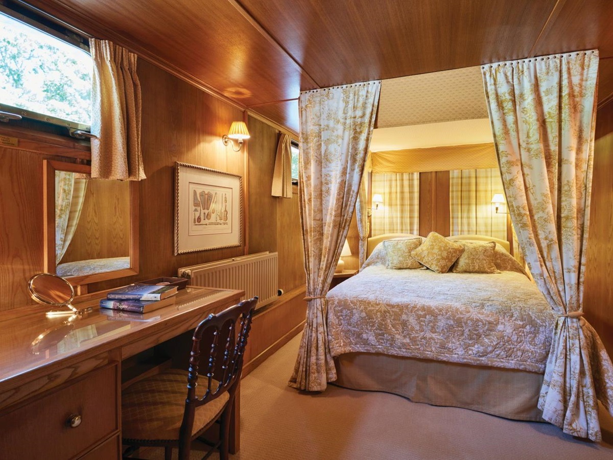 Luxurious cabin on board the Belmond Fleur de Lys river barge in France