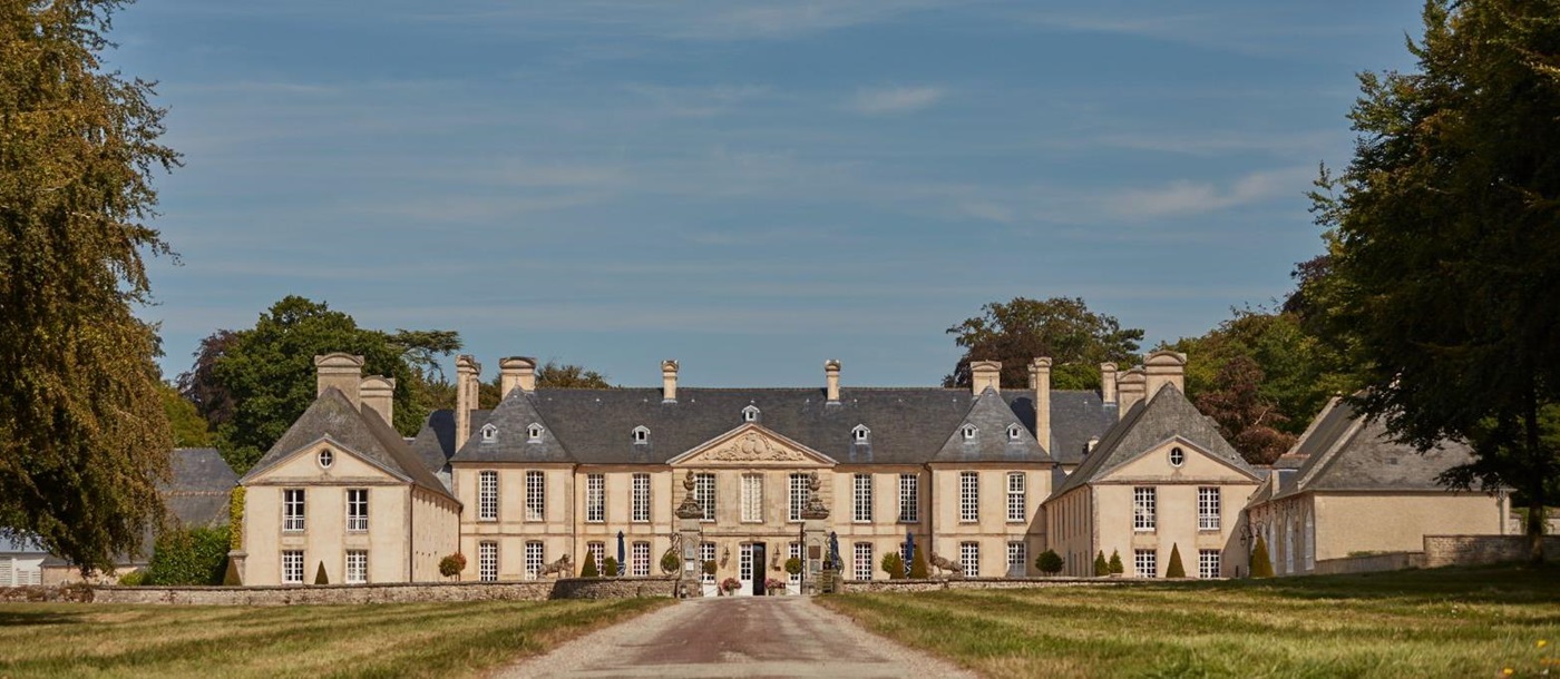 Driveway and exterior of Chateau d'Audrieu in the Normandy region of France