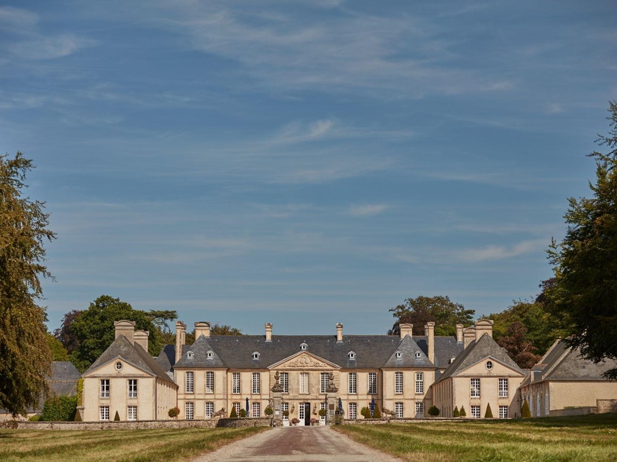 Driveway and exterior of Chateau d'Audrieu in the Normandy region of France