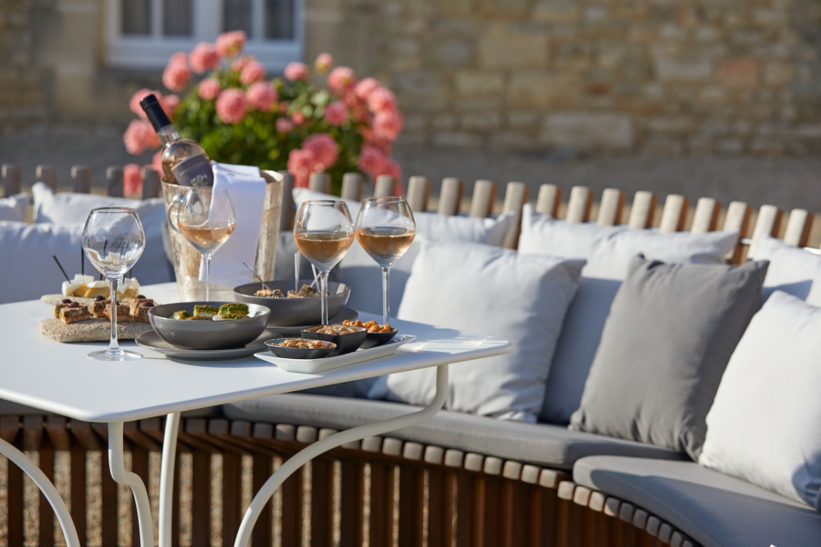 Outside seating area at Chateau d'Audrieu in the Normandy region of France