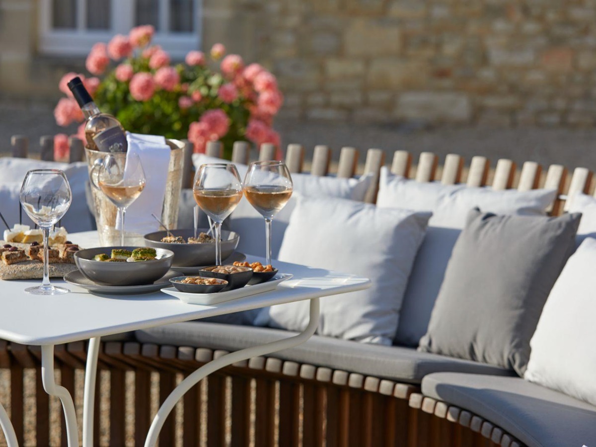 Outside seating area at Chateau d'Audrieu in the Normandy region of France