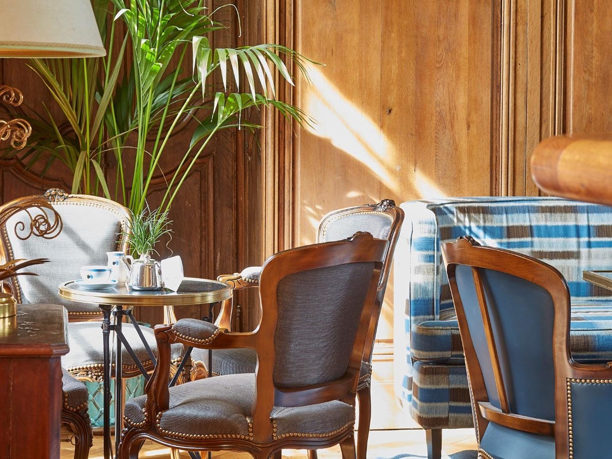 Restaurant seating area at Chateau d'Audrieu in the Normandy region of France
