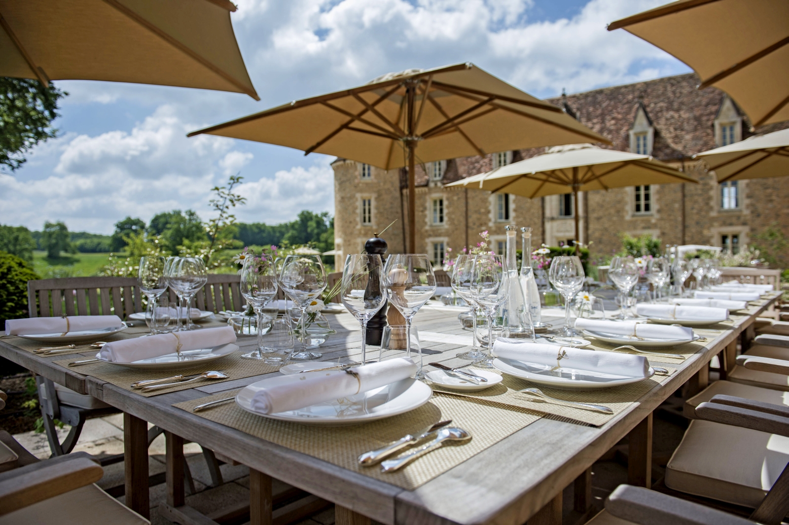 outdoor lunch terrace at domaine des etangs in france