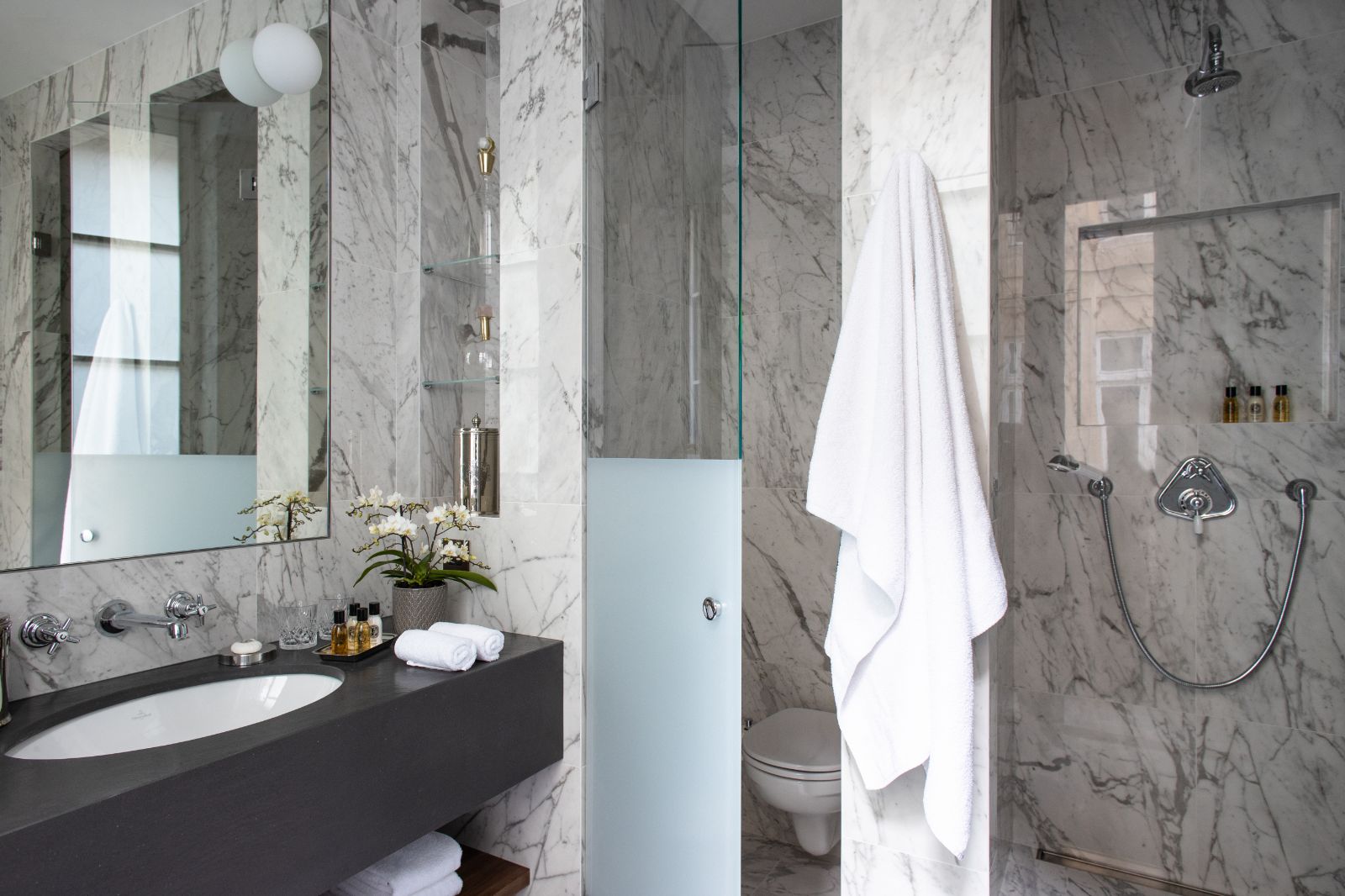 A guest room shower at Esprit Saint Germain in Paris, France