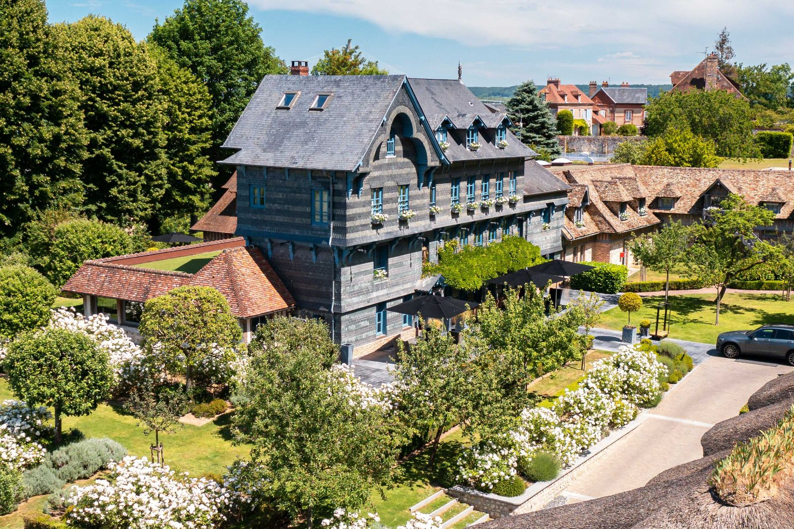 Aerial exterior view of Ferme Saint Simeon in Normandy, France